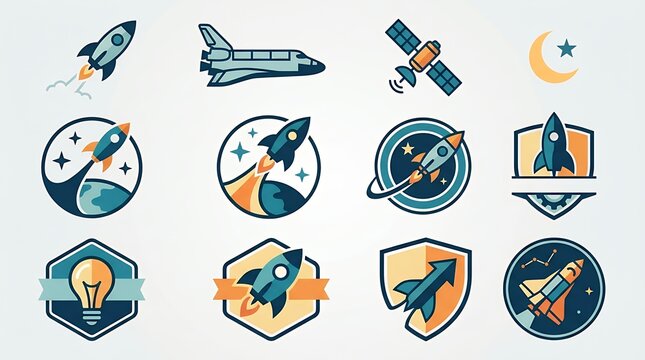 Minimalist flat vectorof spacecraft symbols and creative shuttle launch emblem templates representing innovation and startup ventures rocket launchtemplate design spacecraft shuttle space