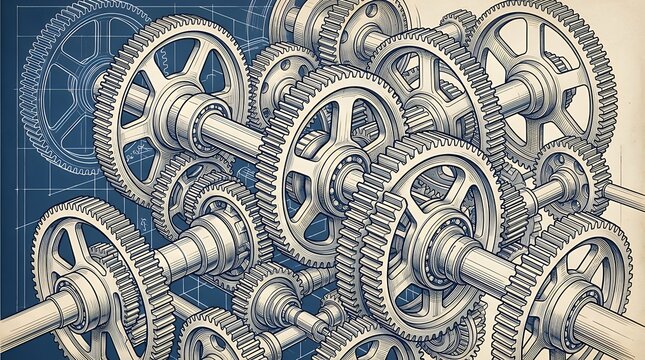 Intricate technical showing interlocking rotating industrial gears and mechanical wheels symbolizing engineering synergy and automatic systems technology cogs gear wheel mechanism background design