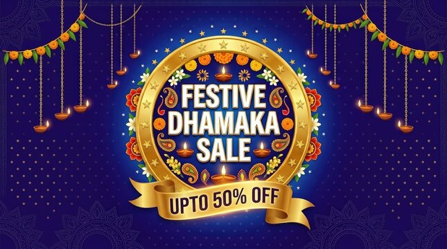 Diwali festive dhamaka sale banner with discount offer up to 50 percent off graphic design festival discount promotion shopping celebration seasonal marketing colorful