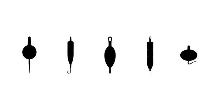 Set of five black silhouette of fishing floats and bobbers for angling equipment and recreational water sports gear on white background