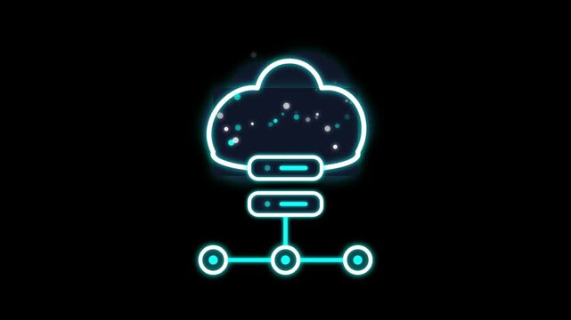 Neon glowing cloud server icon on black background animation
