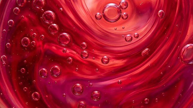 Vibrant Abstract Red Liquid Fluid Motion Displaying Suspended Bubbles And Sweeping Swirl Pattern Background abstract red liquid fluid texture bubble motion background backdrop dynamic flow motion