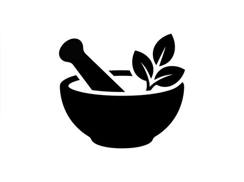 Mortar and pestle icon with herbal leaves for natural medicine and holistic wellness.