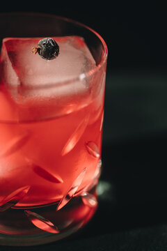 Red cocktail with ice cube and blueberry in low key light
