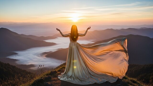Woman in Flowing Dress Standing on Mountain Summit at Sunrise