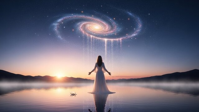 Woman in White Dress Standing on Water Beneath Glowing Spiral Galaxy