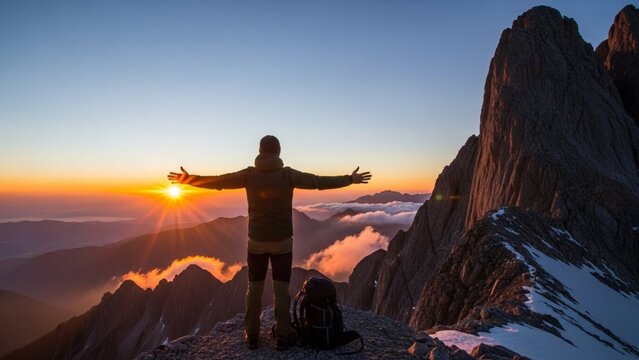 Hiker Standing on Mountain Summit with Arms Open at Sunrise