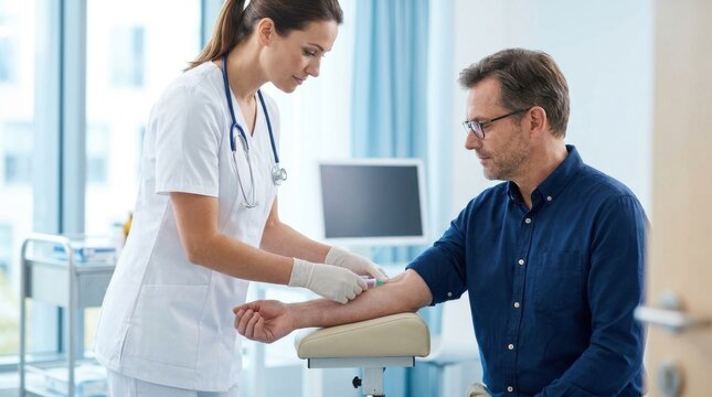 Healthcare professional drawing blood from male patient in bright modern clinic setting