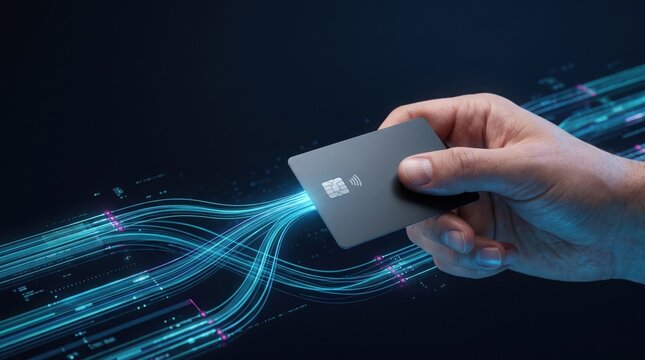Hand holding credit card with glowing data streams