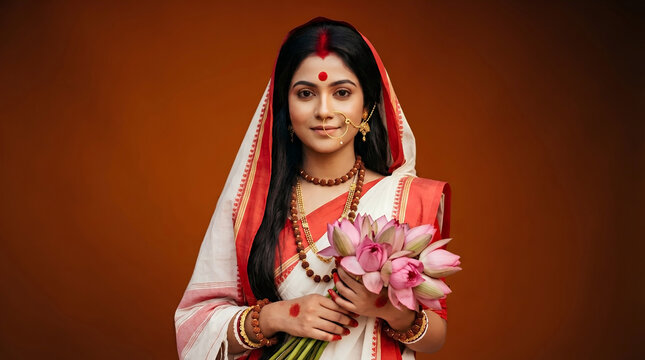 Bengali Woman in Red and White Saree Holding Pink Lotus Flowers on the Dark Orange Background