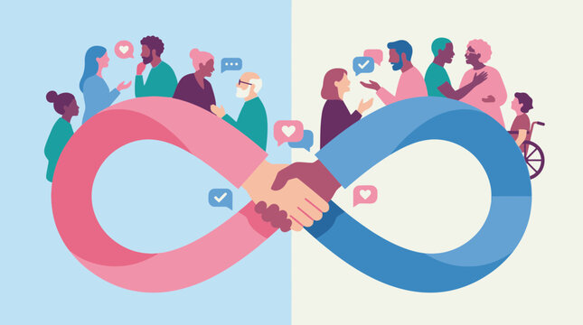 Illustration of a pink and blue infinity symbol ribbon connecting diverse people of different ages and races, featuring a handshake in the center and a child in a wheelchair.