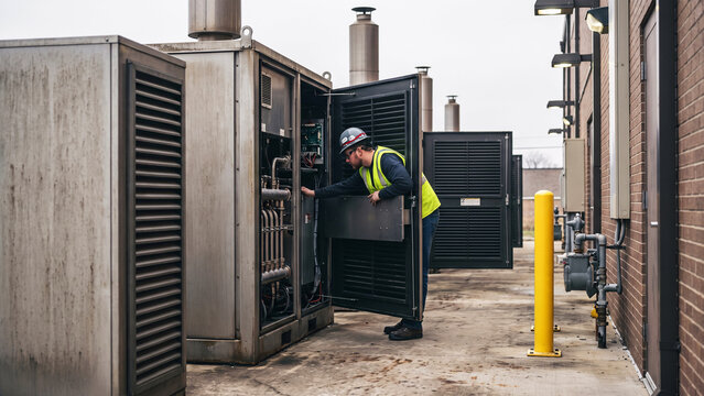 Field Technician Opening a Solid Oxide Fuel Cell Power Unit on a Concrete Pad Outside a Commercial Building, Internal Manifold, Onsite Clean Power Generation Technology