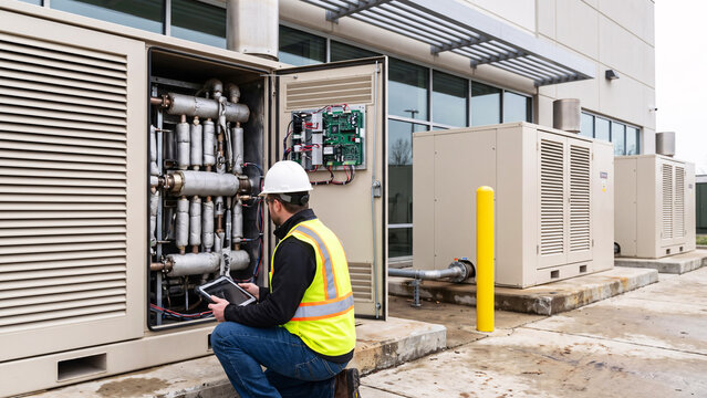 Field Technician Opening a Solid Oxide Fuel Cell Power Unit on a Concrete Pad Outside a Commercial Building, Internal Manifold, Onsite Clean Power Generation Technology