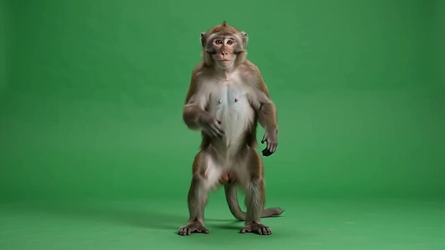 A wild macaque monkey standing on two feet against a vibrant green screen background