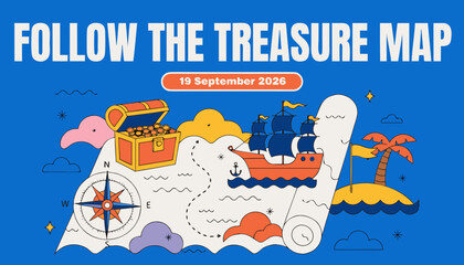 Follow the treasure map adventure poster with ship and island