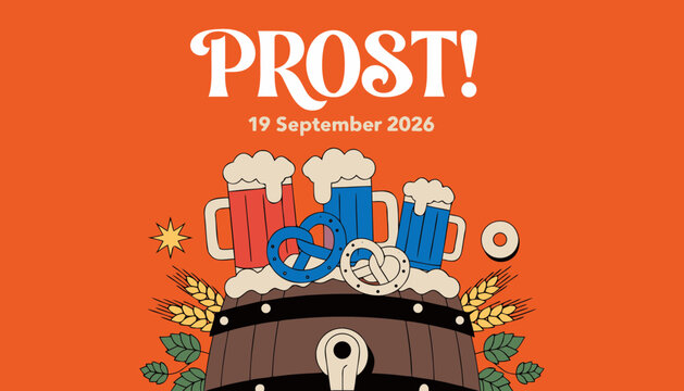 Prost oktoberfest beer festival poster with barrel and pretzels