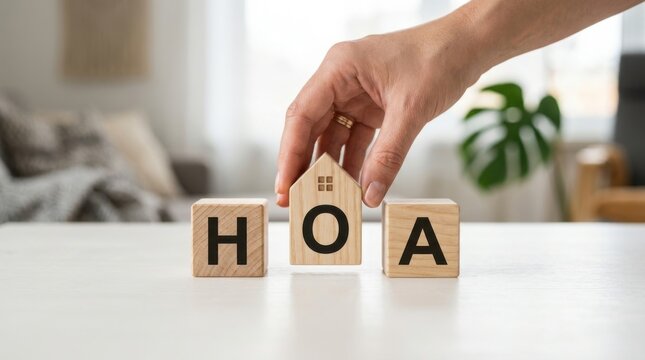 Hand placing wooden block spelling HOA on modern white desk for homeowners association concept