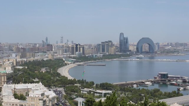 View of Baku, Azerbaijan with city skyline and sea on a clear day