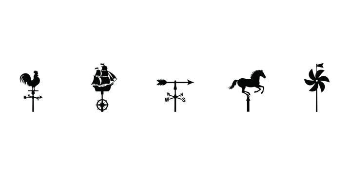 Decorative weather vane in black silhouette style featuring rooster, ship, horse, and wind spinner for roof and garden decor
