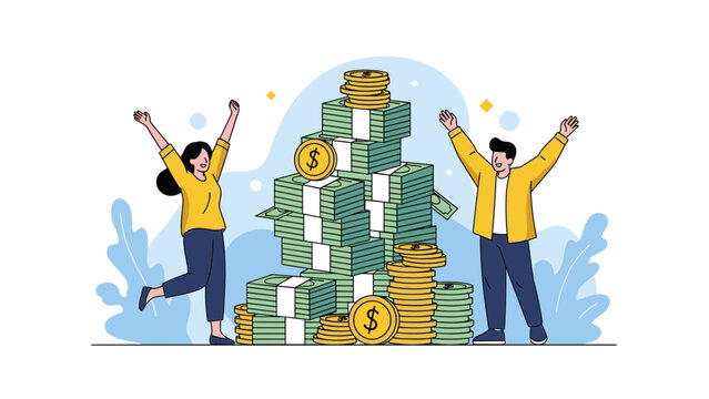 Happy man and woman jumping for joy next to huge stacks of cash and gold coins celebrating their financial success.