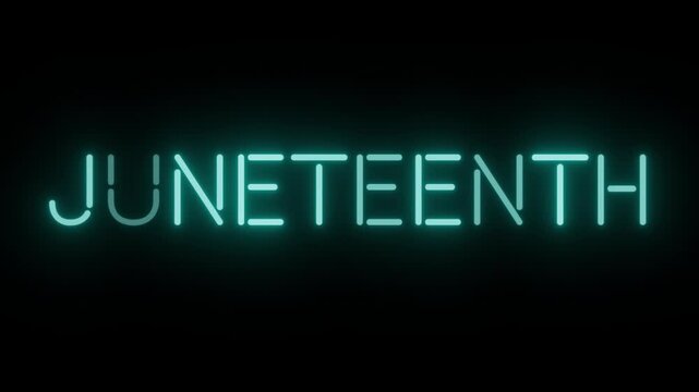 Vivid Cyan Neon Sign 'JUNETEENTH' Seamless Loop with Clear Background, Perfect for June 19th Freedom Day Promos