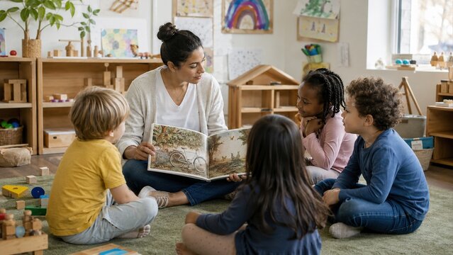 Preschool teacher reads picture book to diverse children during classroom story time