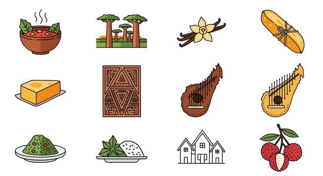 Set of colorful hand drawn Madagascar travel and culture icons.