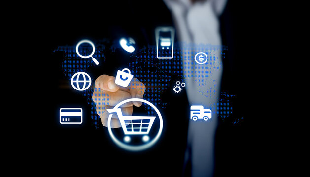 Digital marketing and online shopping collaboration with global connectivity and diverse icons representing e-commerce, communication, transaction, and technology trends.