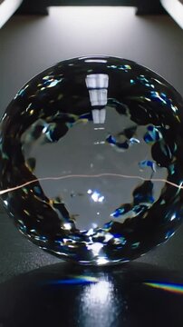 Vertical video: Moving glass sphere wobbling inner rainbow patches on base under overhead light