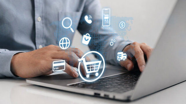 Digital marketing and online shopping collaboration with global connectivity and diverse icons representing e-commerce, communication, transaction, and technology trends.