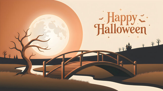 Halloween pumpkin lantern glowing on wooden bridge at autumn sunset with spooky trees.