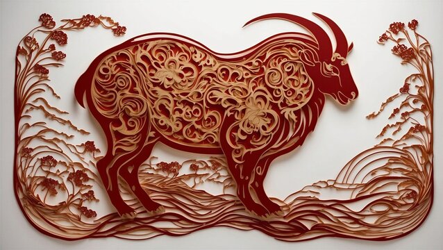 Premium high-relief paper cut illustration of a prosperous Chinese zodiac goat ram standing against a pure white background with traditional floral and cloud paper quilling art for Lunar New Year 2027