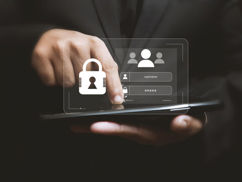 Concept of cybersecurity and data privacy. A secure login interface requires user authentication with a private password to protect personal account information and prevent fraud. Fermion
