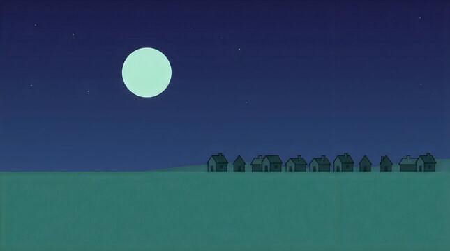 Full moon rising over dark grassy field at night with silhouetted people walking.