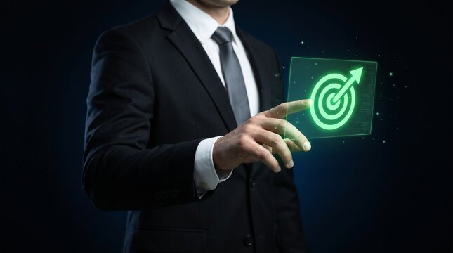 Businessman touching a glowing target symbol on a virtual screen to represent goal achievement.