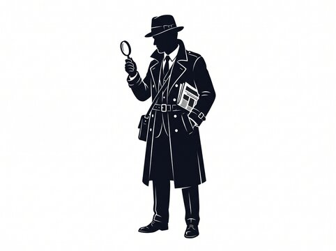 Detective silhouette. Old fashioned detective in hat on white background.