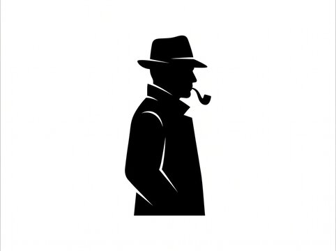 Detective silhouette. Old fashioned detective in hat on white background.