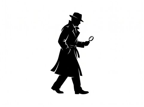 Detective silhouette walking. Old fashioned detective in hat on white background. Vector style silhouette.	