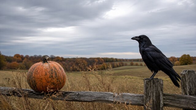 Black raven beside weathered pumpkin on rustic fence overlooking fields under brooding autumn sky