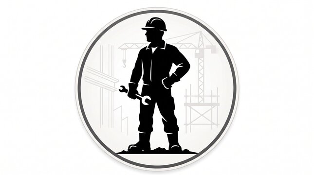 Construction worker silhouette holding wrench with crane and scaffolding.