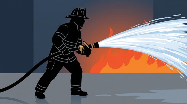 Firefighter silhouette spraying water from hose wearing helmet and protective gear. Vector illustration.