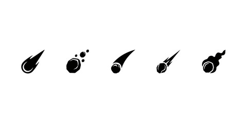 Set of five falling meteorite and asteroid silhouettes with motion trails for astronomy and space science and concept projects © Dstudio