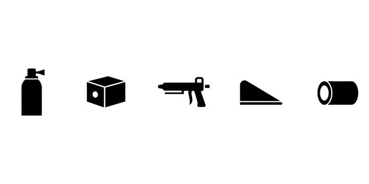 Set of industrial equipment and construction tool silhouettes featuring spray can and mechanical components for technical diagrams and manuals