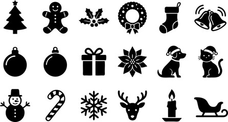 Naklejka premium Christmas icon set with 18 black silhouette vectors. Holiday symbols including reindeer, snowman, and tree. Winter festive graphics for cards.