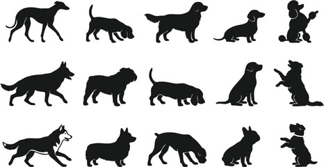 Obraz premium Dog breed silhouettes collection, 15 black canine vector icons, assorted pet animal profiles for veterinary and pet shop branding