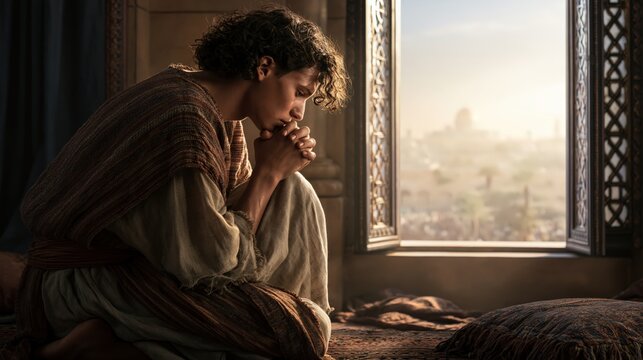 Daniel kneeling in prayer beside an open window facing Jerusalem during the Babylonian exile.