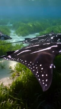 Vertical video: Gliding spotted eagle rays entering from right foraging over seagrass stirring sand