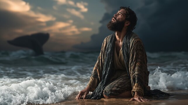 Jonah kneeling on the shore after being delivered from the great fish under a dramatic stormy sky.