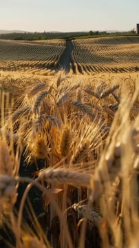 Vertical video: Pulling back cam showing wheat heads swaying in field to reveal tractor track, rows