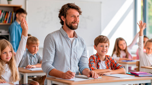 Male teacher with smiling schoolchildren raising hands in a bright classroom celebrating world teachers day, education and active learning